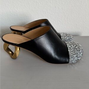 JW ANDERSON Black Leather Mule with Silver Glitter Cap and Sculptural Gold Heel